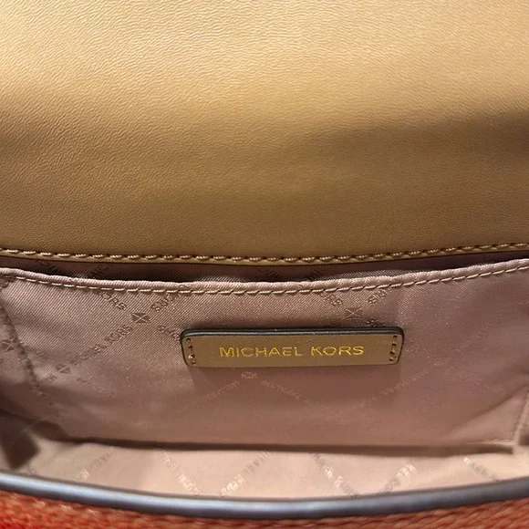 Price Firm Michael Kors Samira Tan Gold Studded Leather Flap Messenger Crossbody - Picture 11 of 13